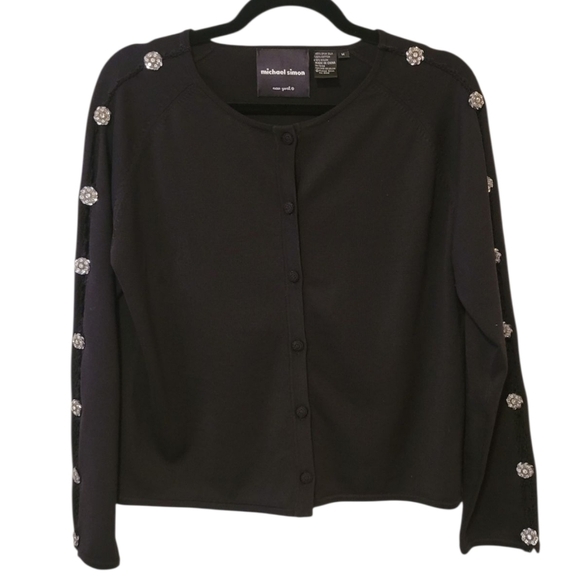 Michael Simon Silk Black Button Cardigan Sweater Embellished Rhinestone Medium - Picture 10 of 10